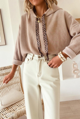 Dark Khaki Thermal Textured Leopard Drawstring Baggy Hoodie