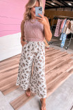 Beige Drawstring Leopard Print Patch Pocket Loose Pants
