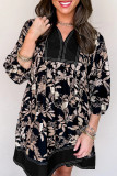 Black 3/4 Sleeve Botanical Print Split Neck Loose Mini Dress
