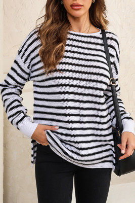 White Striped Knit Split Hem Baggy Sweater
