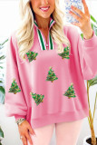 Sachet Pink Contrast Patchwork Zip Collar Sequin Christmas Tree Graphic Sweatshirt