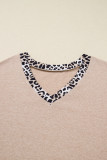 Parchment Leopard Patchwork V Neck Long Sleeve Plus Size Top
