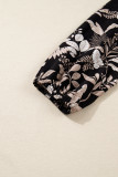 Black 3/4 Sleeve Botanical Print Split Neck Loose Mini Dress