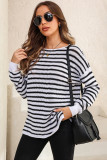White Striped Knit Split Hem Baggy Sweater