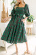 Green Tartan Plaid Square Neck Puff Sleeve Knot Waist Flared Midi Dress