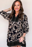 Black 3/4 Sleeve Botanical Print Split Neck Loose Mini Dress