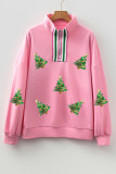 Sachet Pink Contrast Patchwork Zip Collar Sequin Christmas Tree Graphic Sweatshirt