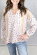 Beige Waffle Knit Floral Color Block Patchwork Balloon Sleeves Oversized Top