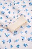 Beige Waffle Knit Floral Color Block Patchwork Balloon Sleeves Oversized Top