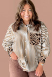 Brown Stripe Leopard Patched Collared Chest Pocket Cuffed Long Sleeve Plus Size Shirt
