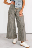 Khaki Stripe Button Patch Pocket Drawstring Elastic Waist Loose Pants