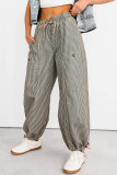 Khaki Stripe Button Patch Pocket Drawstring Elastic Waist Loose Pants