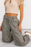 Khaki Stripe Button Patch Pocket Drawstring Elastic Waist Loose Pants