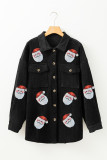 Black Sequin Father Christmas Graphic Button Down Ribbed Shacket