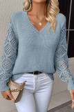 Beau Blue Solid V Neck Pointelle Knit Sleeve Patchwork Sweater