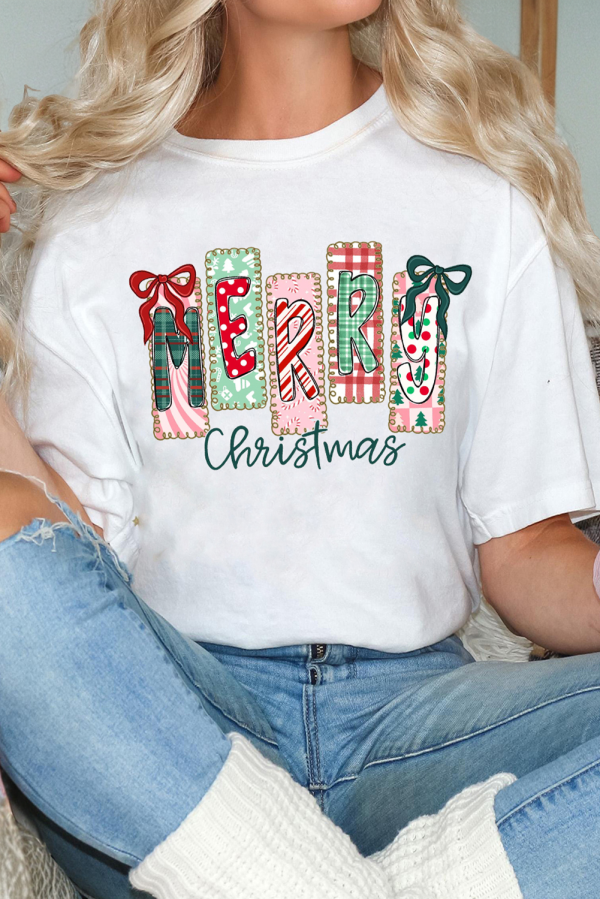 White Merry Christmas Ribbon Bow Detail Holiday Graphic Tee