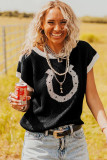 Black Horse Shoe Pattern Contrast Trim Short Sleeve Sweater