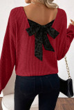 Racing Red Ribbed V Neck Contrast Ribbon Bow Back Drop Shoulder Long Sleeve Top