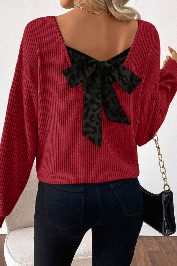 Racing Red Ribbed V Neck Contrast Ribbon Bow Back Drop Shoulder Long Sleeve Top