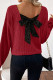 Racing Red Ribbed V Neck Contrast Ribbon Bow Back Drop Shoulder Long Sleeve Top