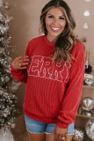 Fiery Red Twist Ribbed MERRY Letter Graphic Plus Size Pullover
