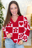 Fiery Red V Neck Flower Heart Detail Checkered Knit Loose Sweater