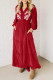 Racing Red Contrast Embroidered Detail Cinched Waist Tiered Long Sleeve Maxi Dress