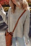 Gray Morn Waffle Texture Knit Ribbed High Neck Drop Shoulder Sweater