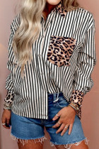 Black Striped Leopard Print Patchwork Button Up Womens Shirt