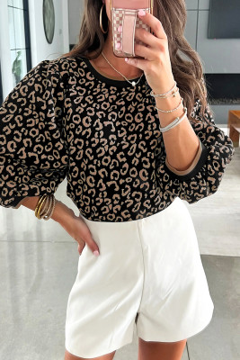 Black Leopard Print Puffy Bracelet Sleeve Contrast Trim Round Neck Top