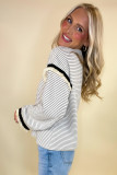 White Stripe Contrasted Ruffle Trim Loose Long Sleeve Top