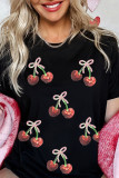 Black Sequin Bow Cheery Patched Valentines Graphic Tee