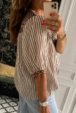 Brown Stripe Leopard Trim V Neck Button Down Half Sleeve Shirt