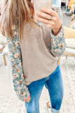 Parchment Twist Ribbed Floral Contrast Patchwork Long Sleeve Top