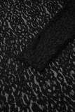 Black Leopard Pattern Sheer Mesh Long Sleeve Top