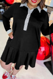 Black Plus Size Striped Cuffs Polo Collar Patchwork Long Sleeve Ruffle Hem Dress