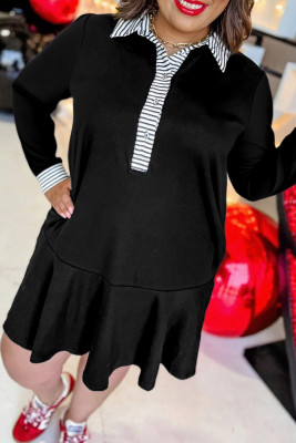 Black Plus Size Striped Cuffs Polo Collar Patchwork Long Sleeve Ruffle Hem Dress