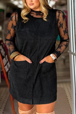 Black Plus Size Corduroy Patch Pocket Sleeveless Mini Dress