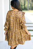 Khaki Leopard Print V Neck Ruffled Sleeve Tiered Loose Mini Dress