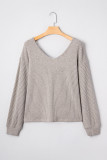 Simply Taupe Ribbed V Neck Contrast Ribbon Bow Back Drop Shoulder Long Sleeve Top