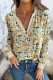 Khaki Floral Print Button Notched V Neck Long Sleeve Top
