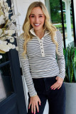 Black Stripe Ribbed Knit Half Button Long Sleeve Slim Top