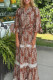 Brown Floral Print Belted Striped Trim Tiered Maxi Dress