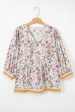 Black Plus Size Floral Print Contrast Trim Striped Detail Babydoll Blouse