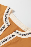 Buckskin Contrast Leopard Trim Split Neck Puff Sleeve Blouse