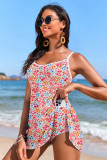 Red Floral Print Ricrac Trim Spaghetti Strap One Piece Swim Dress