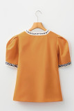 Buckskin Contrast Leopard Trim Split Neck Puff Sleeve Blouse