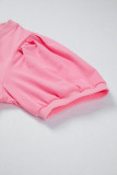 Bonbon Solid Color V Neck Short Puff Sleeve Blouse