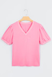 Bonbon Solid Color V Neck Short Puff Sleeve Blouse