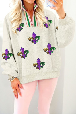 Light Grey Mardi Gras Sequined Pattern Contrast Zipped Collar Pullover Sweatshirt